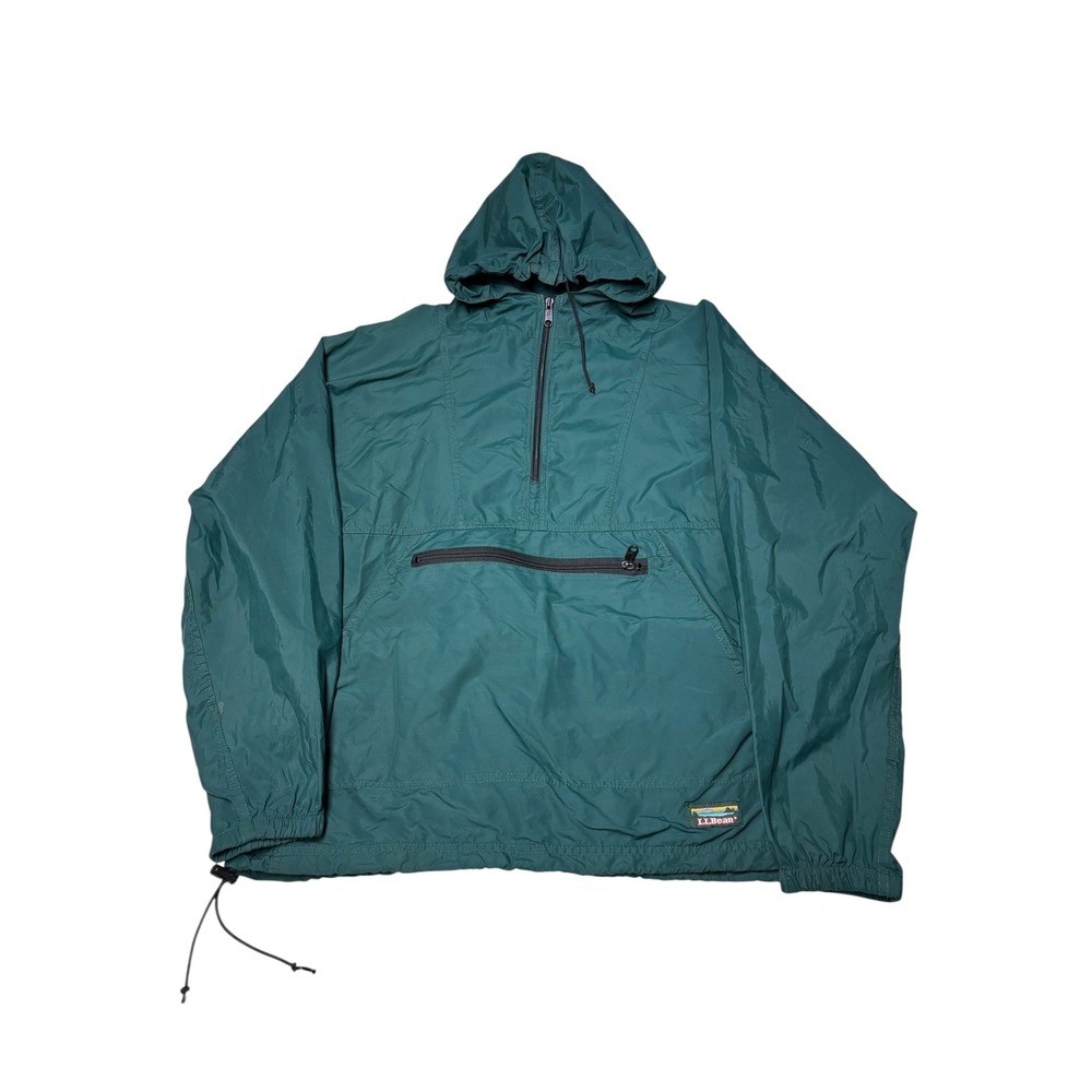 Vintage LL Bean Men Teal Green Nylon Anorak Windbreaker Half Hooded Jacket M USA